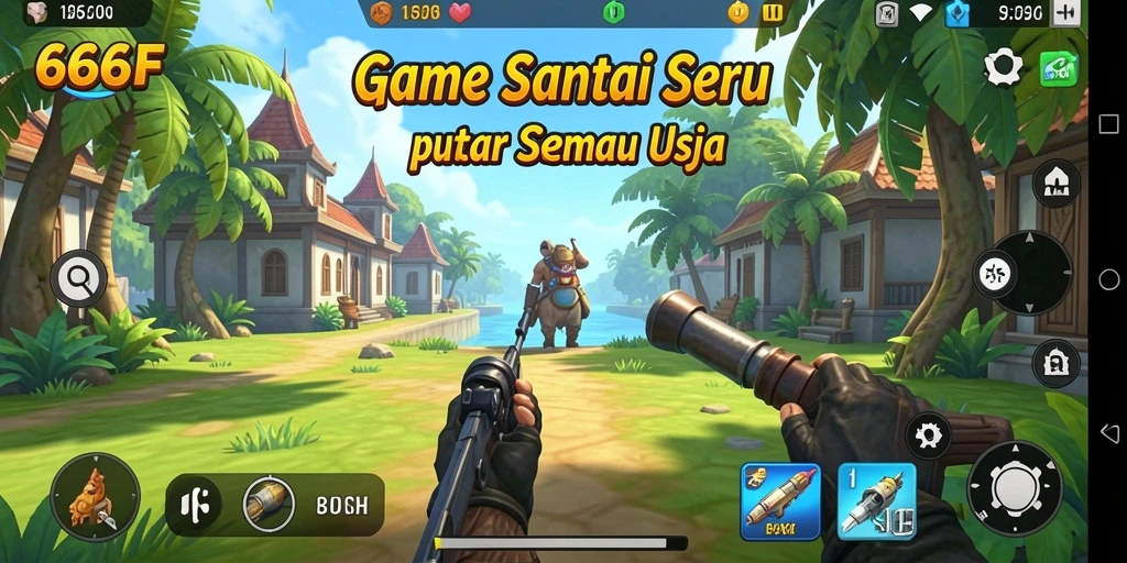 Screenshot gameplay dari 666F yang menunjukkan aksi seru dan santai.