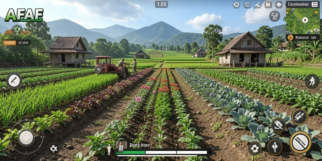 Tampilan gameplay AFAF yang menampilkan kebun yang hijau dan subur.