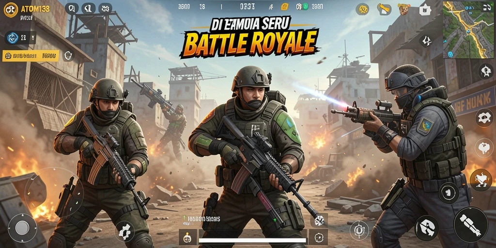 Tangkapan layar utama ATOM138 menampilkan pertempuran sengit dalam arena Battle Royale.