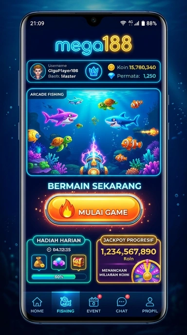 Tampilan antarmuka aplikasi mega188 yang modern dan ramah pengguna.